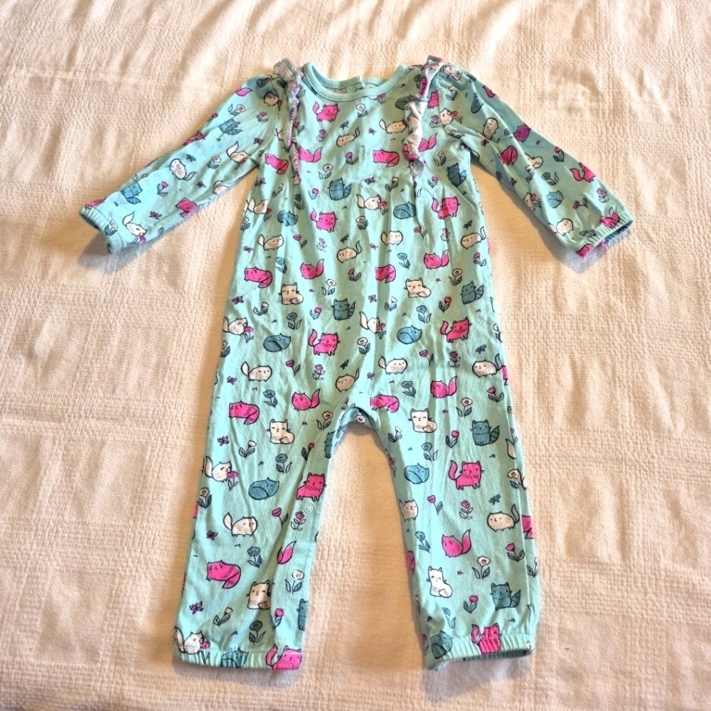 Gymboree girls size 12-18 months light blue cat & flower design romper, VVGUC